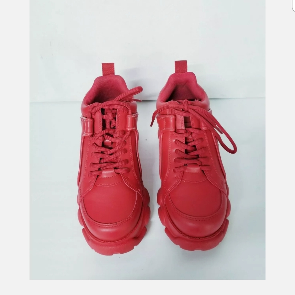 SOLD Buffalo Size 7.5 Corin Chunky Platform Sneakers Red Disruptors Thick Sole - Picture 2 of 9